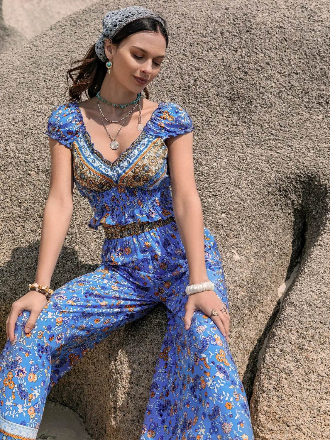 Printed V-Neck Top and Pants Set - Bona Fide Fashion