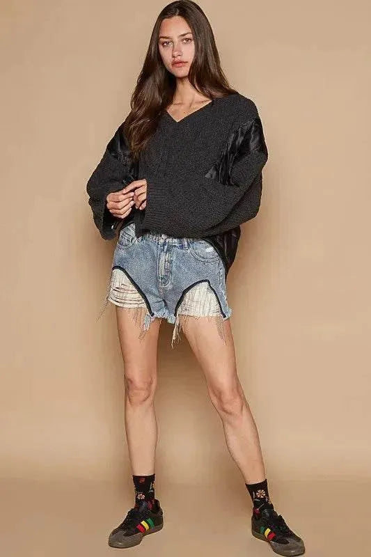 POL Cable Knit Quilting Patch V-Neck Sweater - Bona Fide Fashion