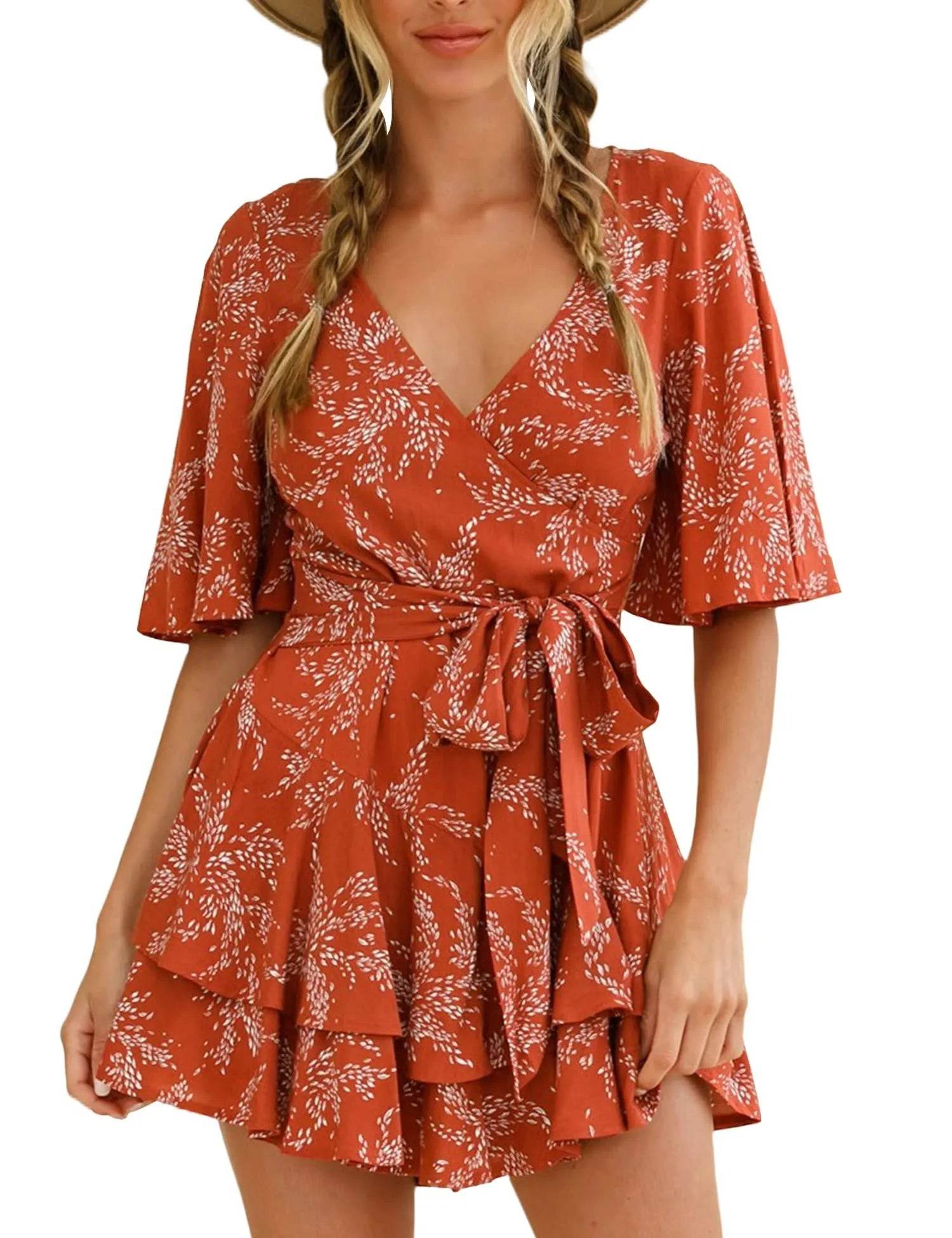 AIMCOO Womens Summer Short Flared Sleeve Romper V Neck Floral Print Jumpsuit Waist Tie Layer Ruffle Hem Dress Look Rompers - Bona Fide Fashion