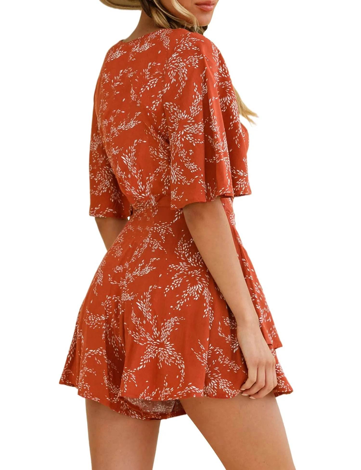 AIMCOO Womens Summer Short Flared Sleeve Romper V Neck Floral Print Jumpsuit Waist Tie Layer Ruffle Hem Dress Look Rompers - Bona Fide Fashion