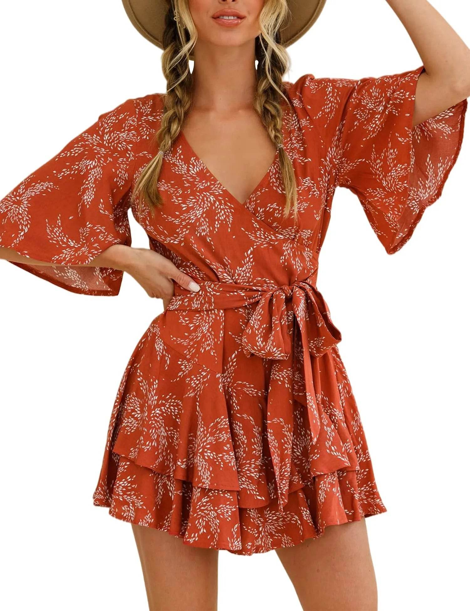 AIMCOO Womens Summer Short Flared Sleeve Romper V Neck Floral Print Jumpsuit Waist Tie Layer Ruffle Hem Dress Look Rompers - Bona Fide Fashion