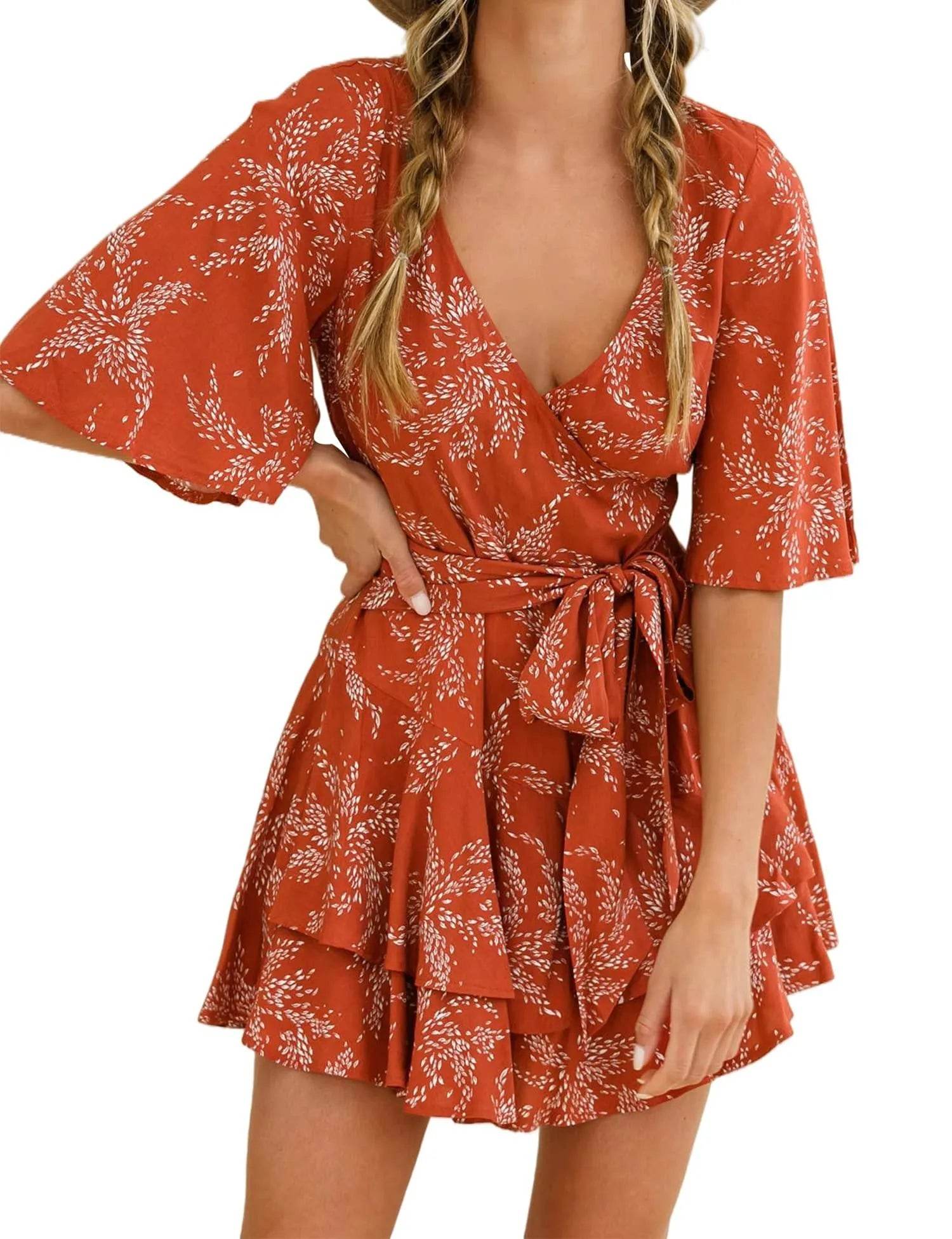 AIMCOO Womens Summer Short Flared Sleeve Romper V Neck Floral Print Jumpsuit Waist Tie Layer Ruffle Hem Dress Look Rompers - Bona Fide Fashion