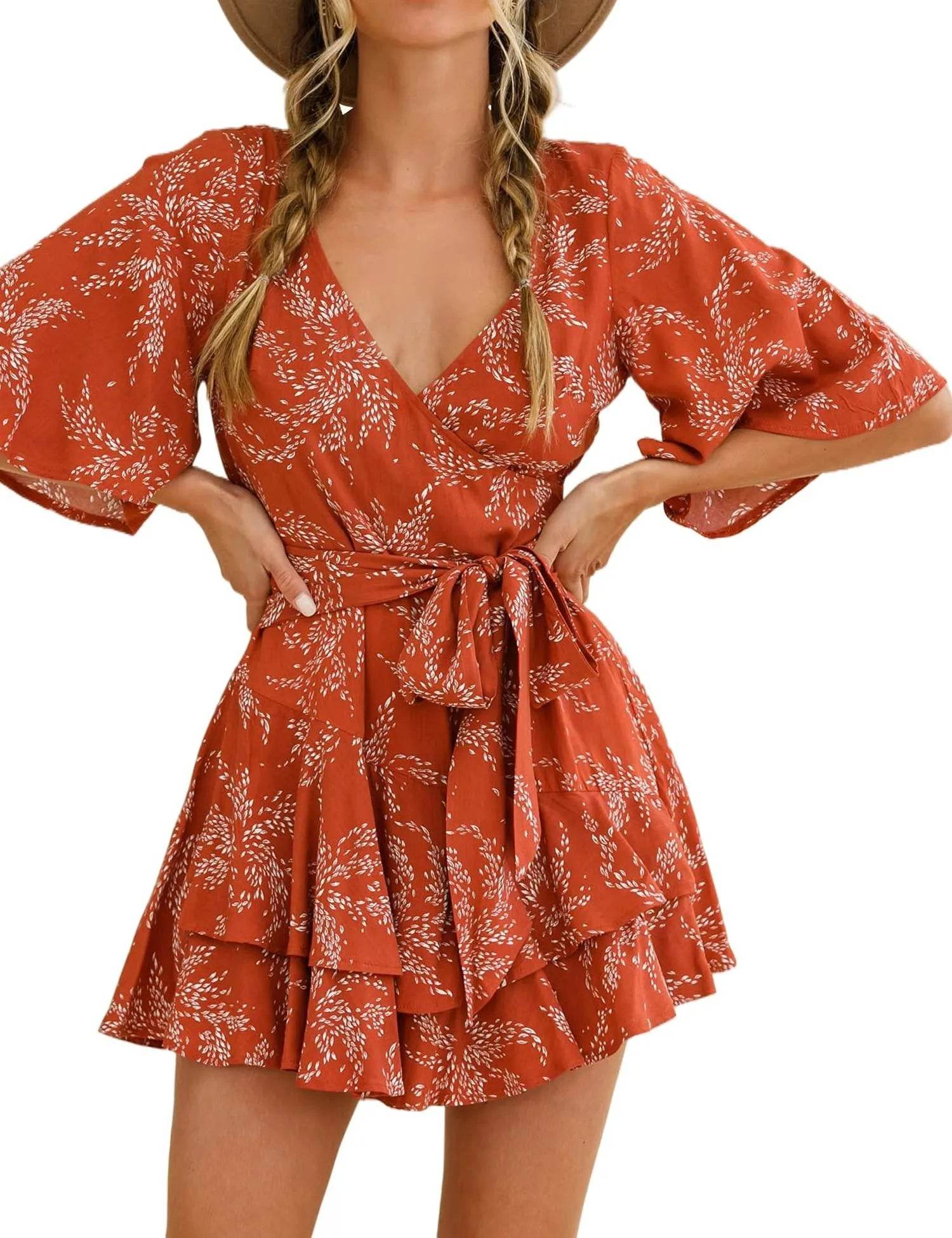 AIMCOO Womens Summer Short Flared Sleeve Romper V Neck Floral Print Jumpsuit Waist Tie Layer Ruffle Hem Dress Look Rompers - Bona Fide Fashion