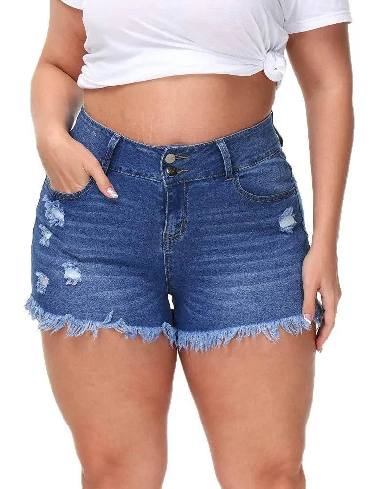 ALLEGRACE Sexy Plus Size Denim Shorts Women Distressed High Waist Shorts with Pockets RoyalBlue 14 Plus - Bona Fide Fashion