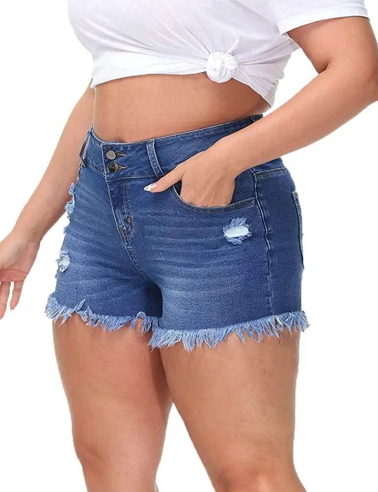 ALLEGRACE Sexy Plus Size Denim Shorts Women Distressed High Waist Shorts with Pockets RoyalBlue 14 Plus - Bona Fide Fashion