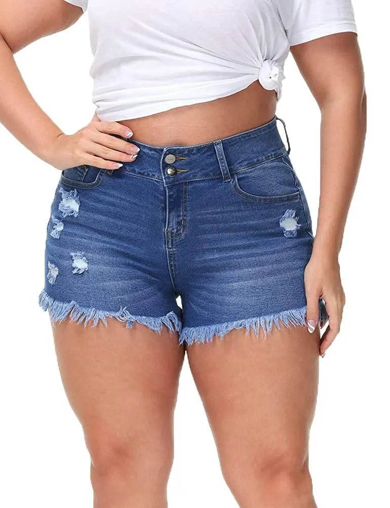 ALLEGRACE Sexy Plus Size Denim Shorts Women Distressed High Waist Shorts with Pockets RoyalBlue 14 Plus - Bona Fide Fashion