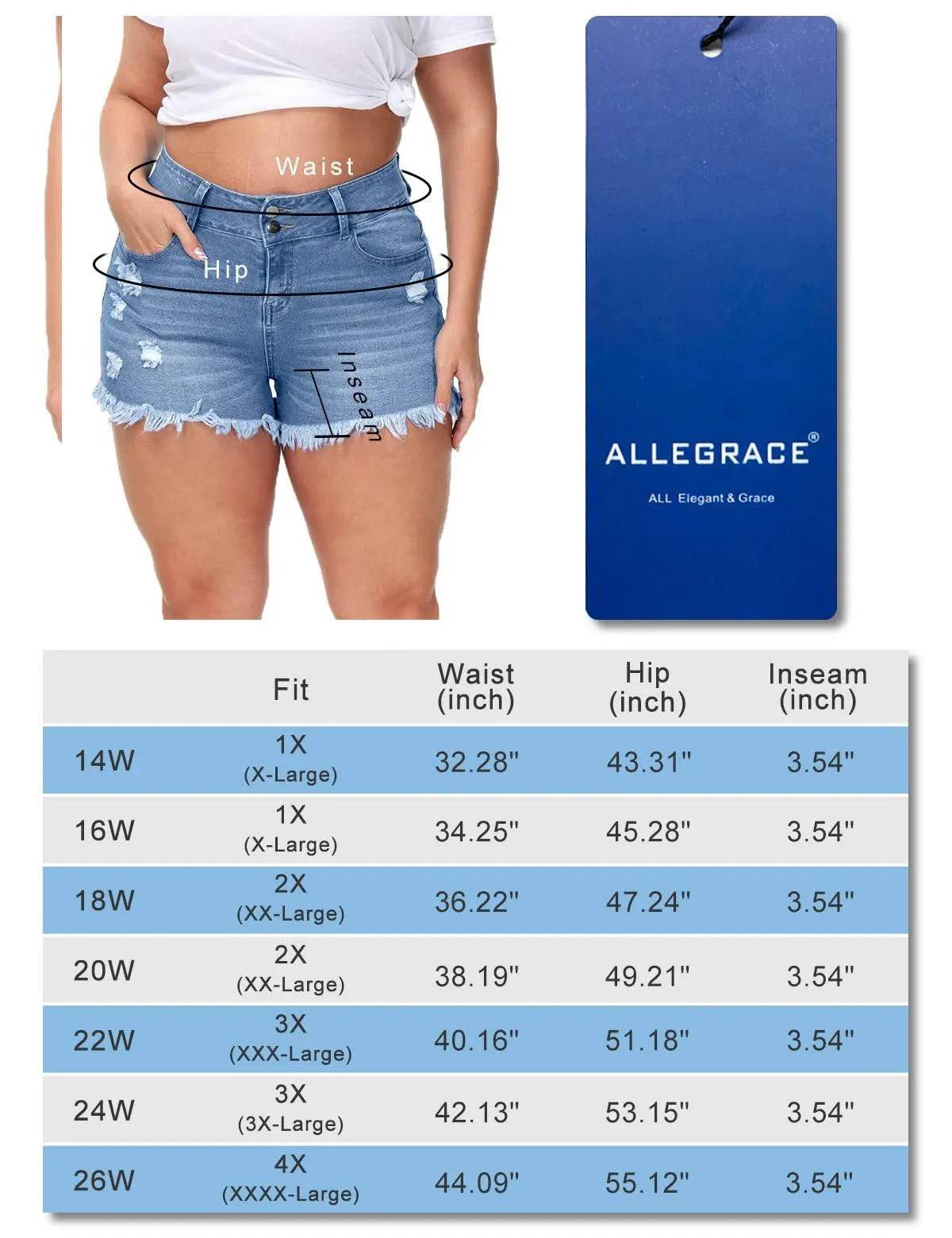 ALLEGRACE Sexy Plus Size Denim Shorts Women Distressed High Waist Shorts with Pockets RoyalBlue 14 Plus - Bona Fide Fashion