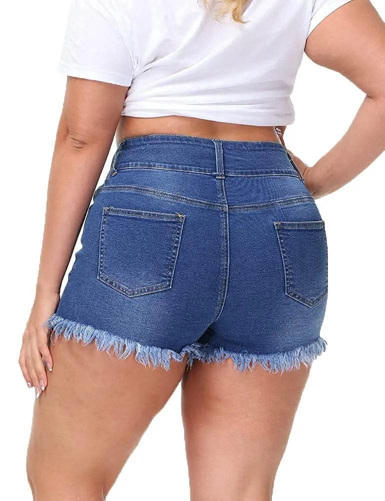 ALLEGRACE Sexy Plus Size Denim Shorts Women Distressed High Waist Shorts with Pockets RoyalBlue 14 Plus - Bona Fide Fashion