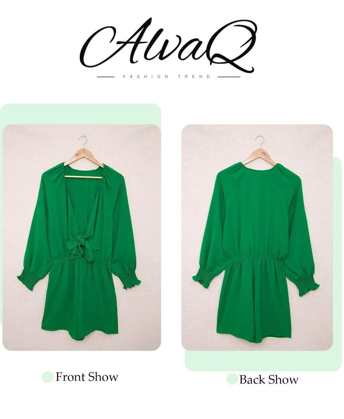 AlvaQ Green Rompers for Women Dressy Summer Sexy Tie Knot V Neck Long Lantern Sleeve Pocketed Short Jumpsuits Spring Beach Vacation Outfits Small - Bona Fide Fashion