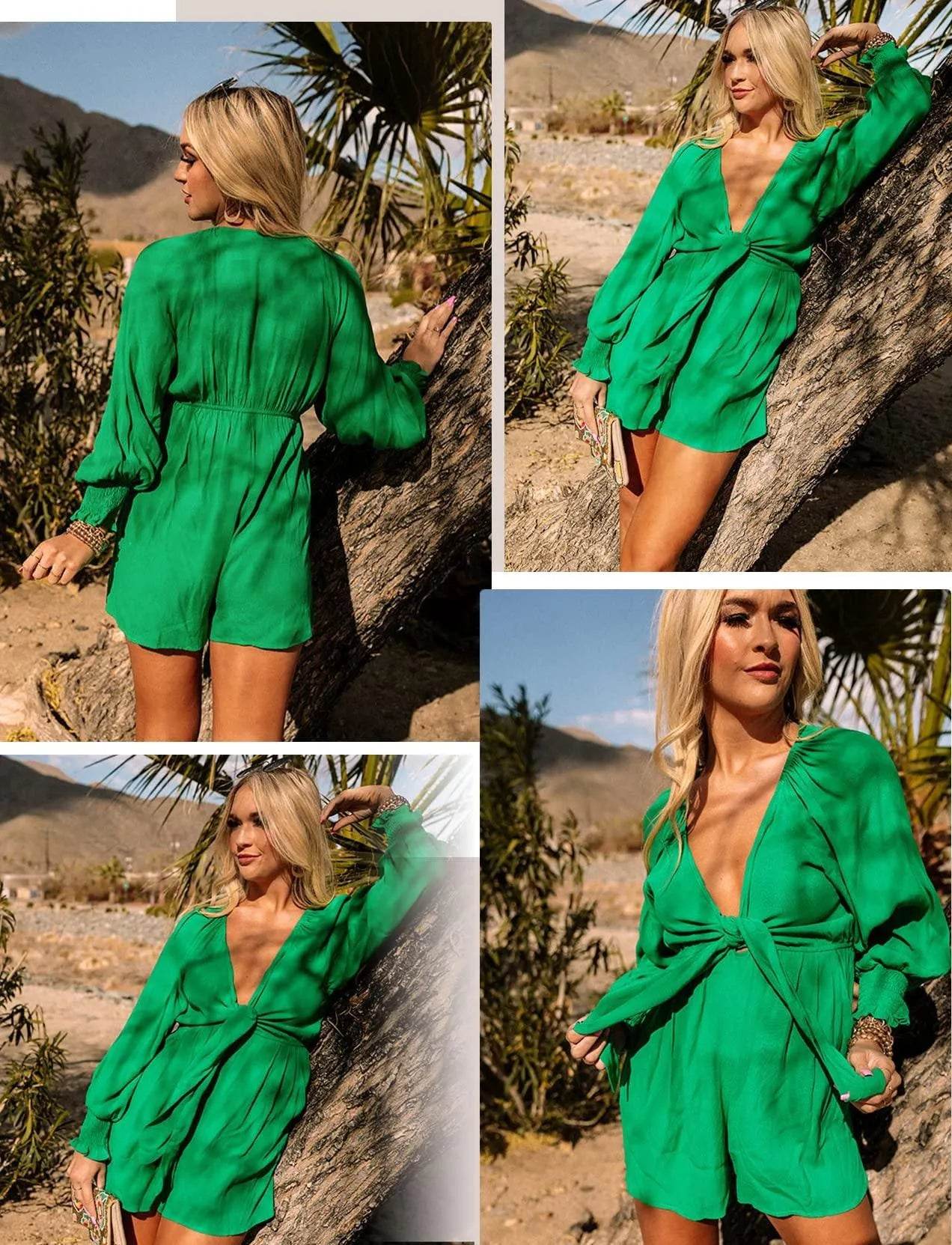 AlvaQ Green Rompers for Women Dressy Summer Sexy Tie Knot V Neck Long Lantern Sleeve Pocketed Short Jumpsuits Spring Beach Vacation Outfits Small - Bona Fide Fashion