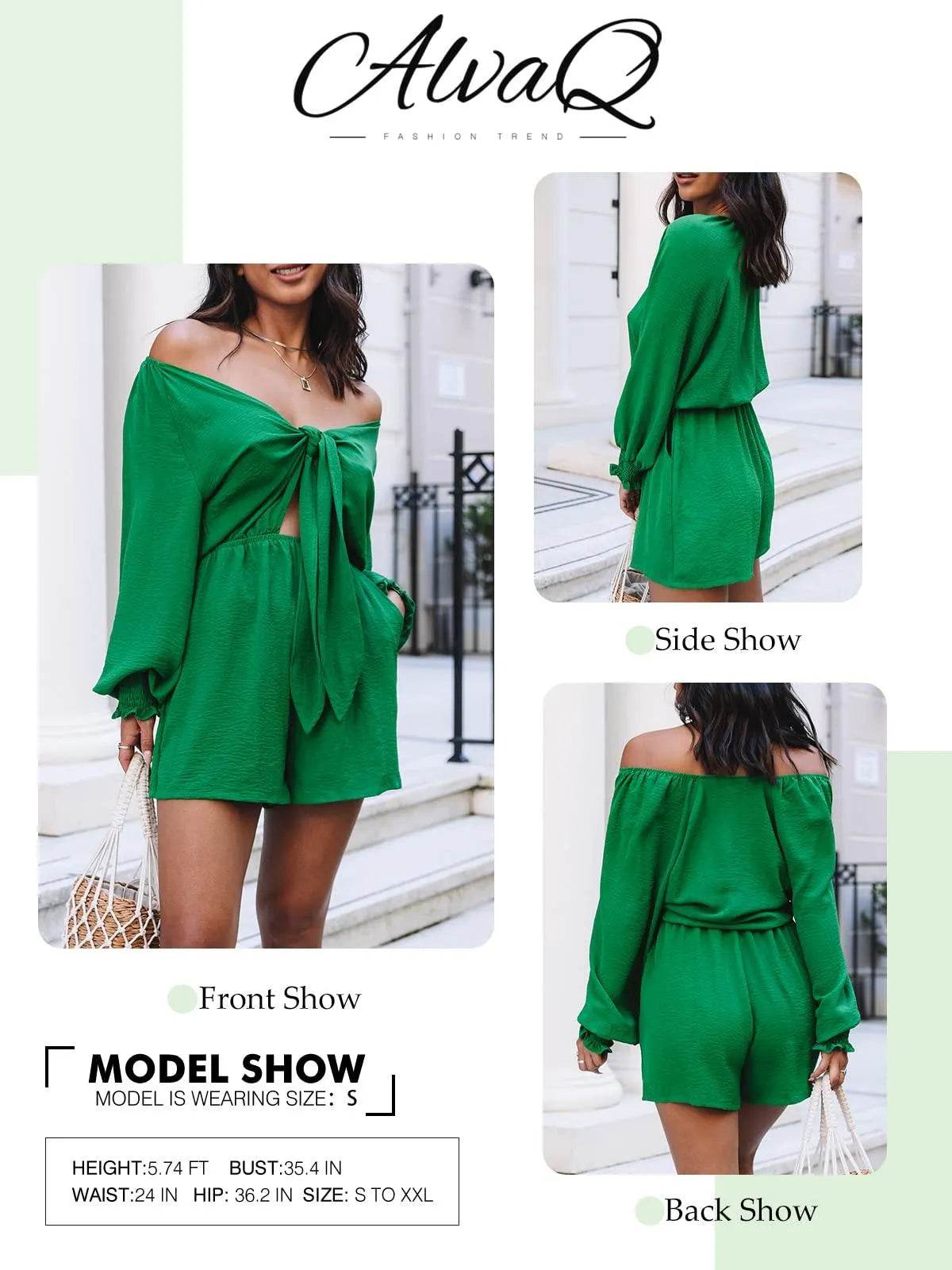 AlvaQ Green Rompers for Women Dressy Summer Sexy Tie Knot V Neck Long Lantern Sleeve Pocketed Short Jumpsuits Spring Beach Vacation Outfits Small - Bona Fide Fashion