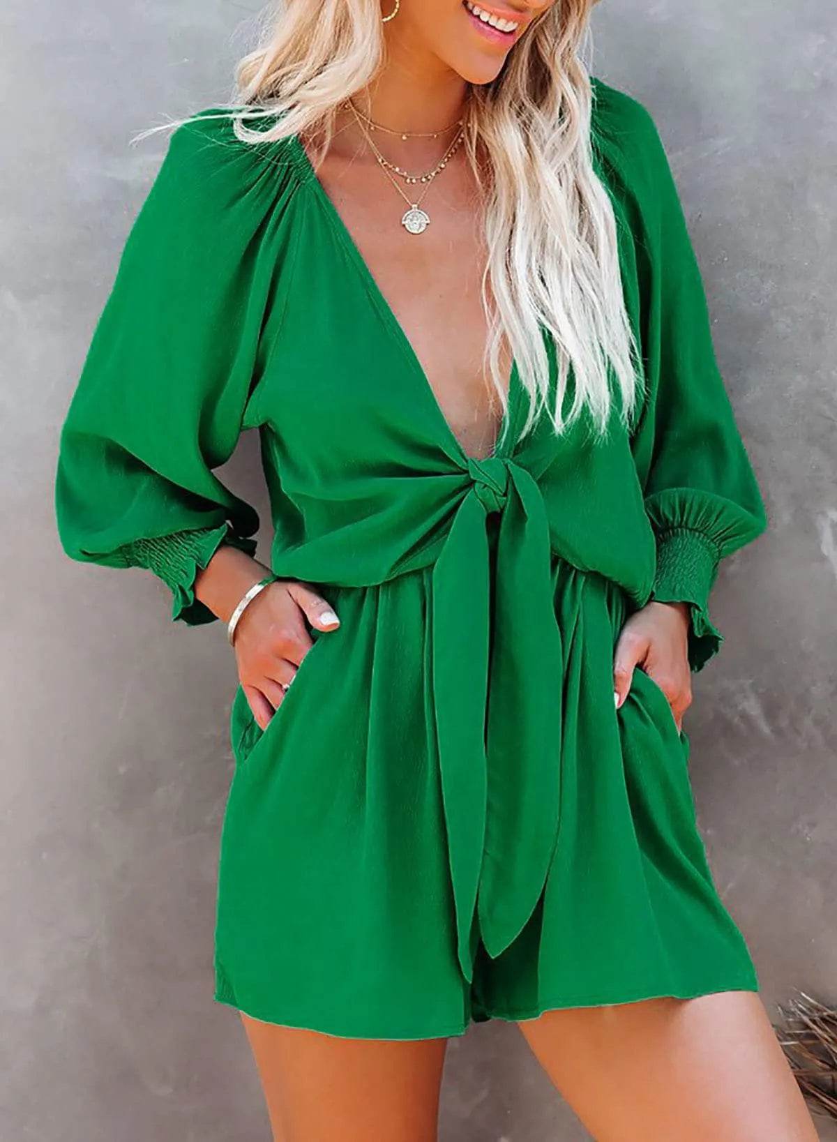 AlvaQ Green Rompers for Women Dressy Summer Sexy Tie Knot V Neck Long Lantern Sleeve Pocketed Short Jumpsuits Spring Beach Vacation Outfits Small - Bona Fide Fashion