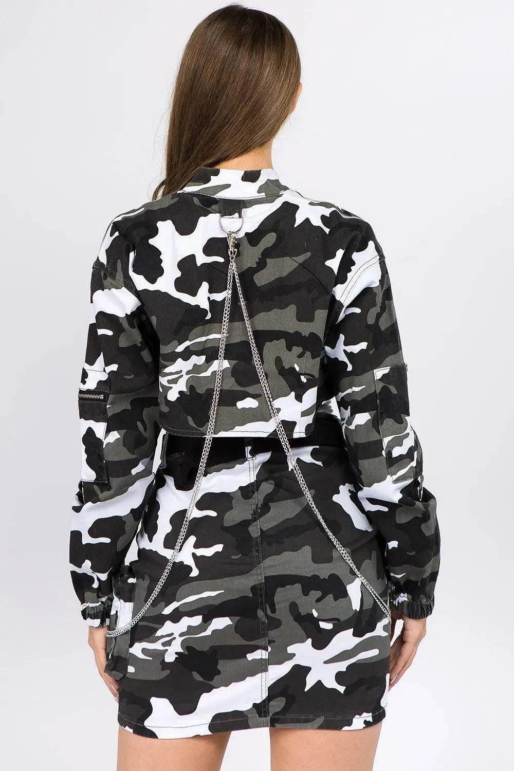 American Bazi Camouflage Cropped Jacket with Chains – Edgy Streetwear Layer - Bona Fide Fashion