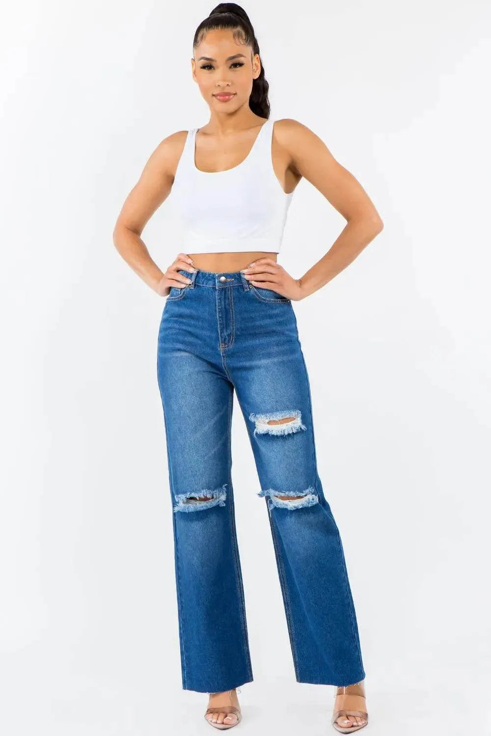 American Bazi High Waist Distressed Wide Leg Jeans - Bona Fide Fashion