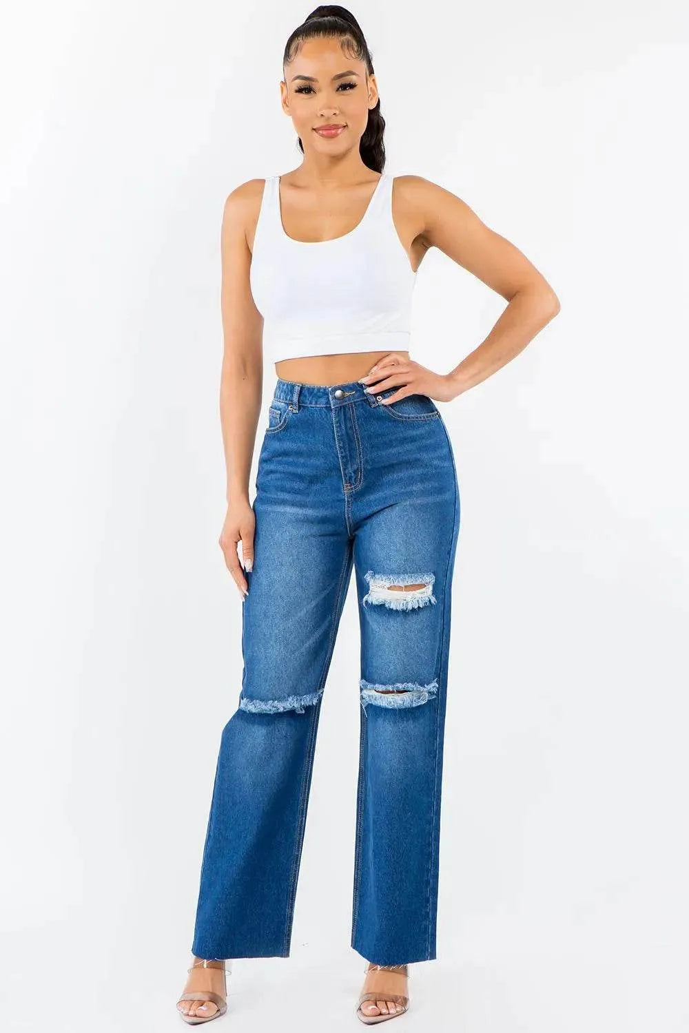 American Bazi High Waist Distressed Wide Leg Jeans - Bona Fide Fashion