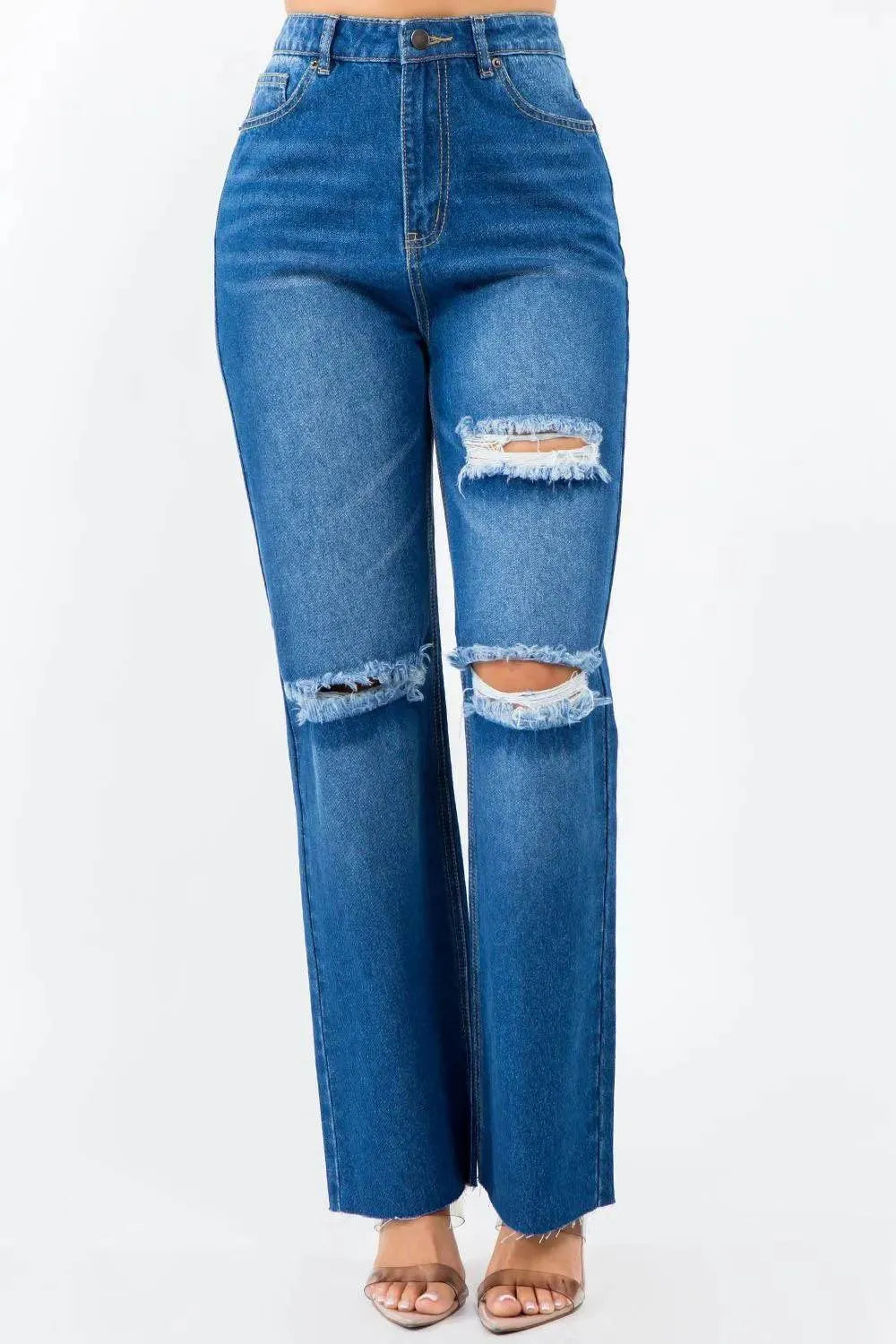American Bazi High Waist Distressed Wide Leg Jeans - Bona Fide Fashion