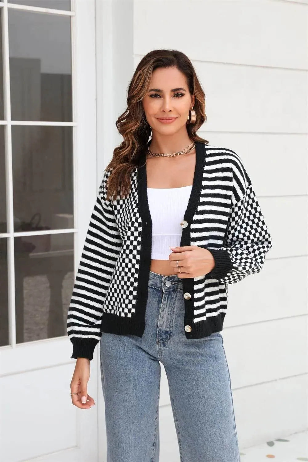 Angel Wings Button Down Cardigan – Stripe & Plaid Contrast Knit Layer for Fall - Bona Fide Fashion