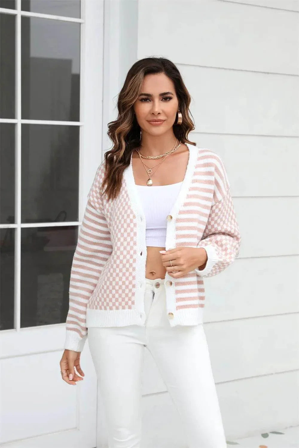 Angel Wings Button Down Cardigan – Stripe & Plaid Contrast Knit Layer for Fall - Bona Fide Fashion