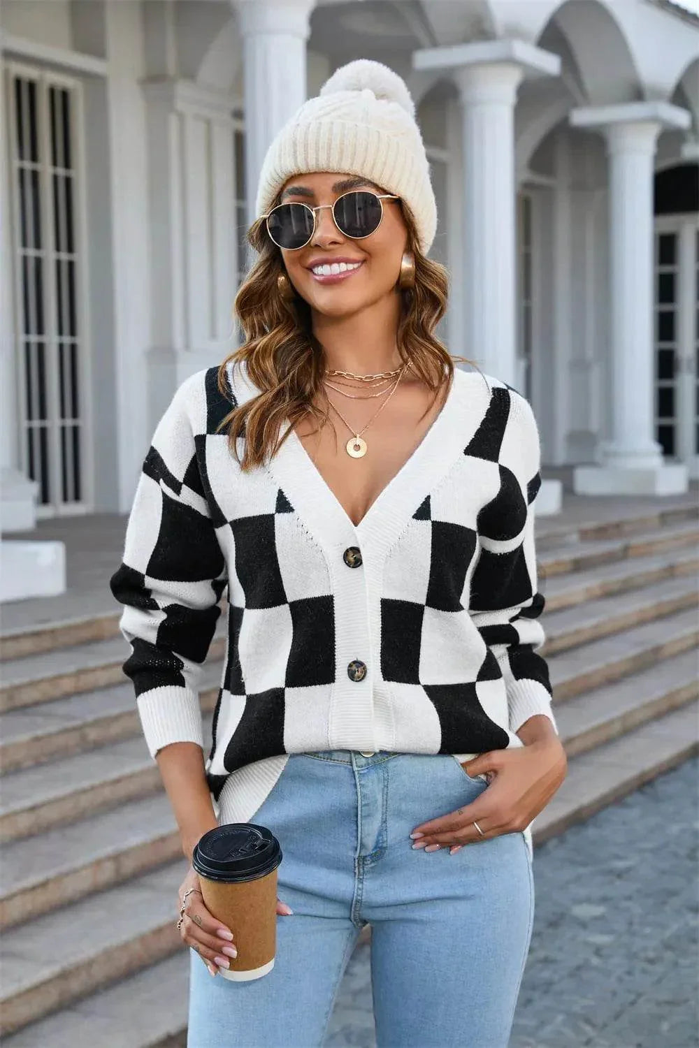 Angel Wings V-Neck Button-Up Cardigan – Dropped Shoulder Cozy Knit Sweater - Bona Fide Fashion