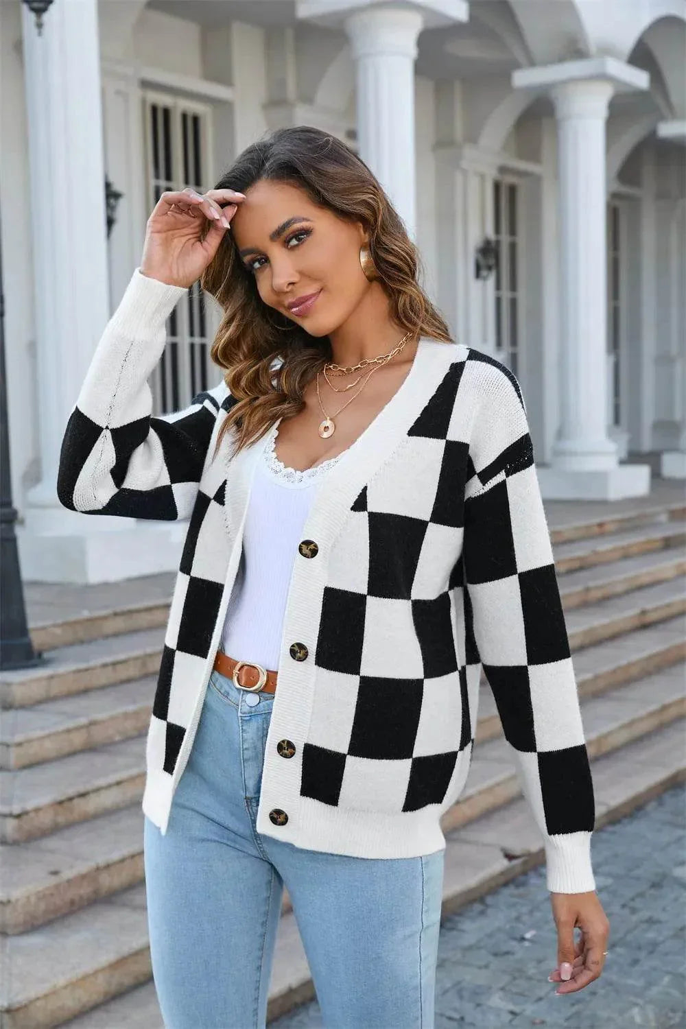 Angel Wings V-Neck Button-Up Cardigan – Dropped Shoulder Cozy Knit Sweater - Bona Fide Fashion