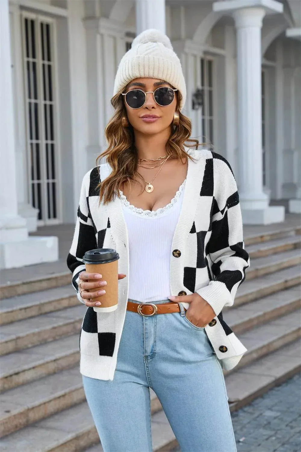 Angel Wings V-Neck Button-Up Cardigan – Dropped Shoulder Cozy Knit Sweater - Bona Fide Fashion
