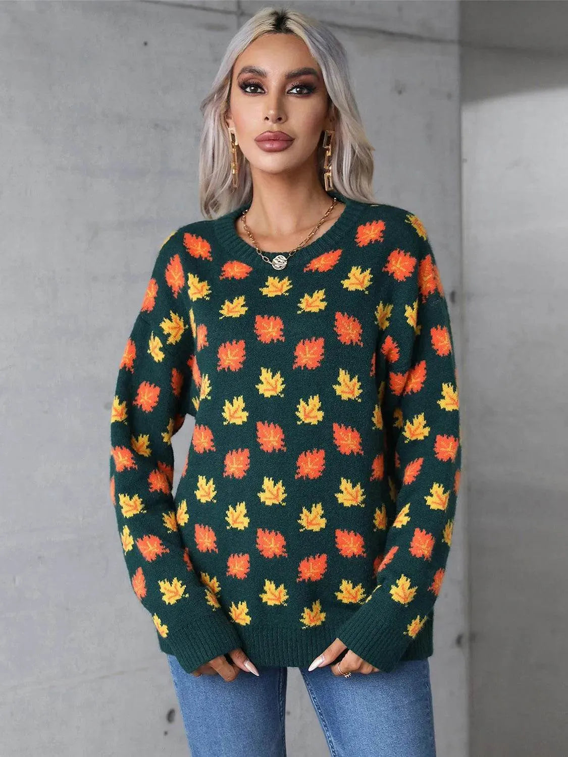 Angel Wings Maple Leaf Sweater – Cozy Round Neck Long Sleeve Fall Knit - Bona Fide Fashion
