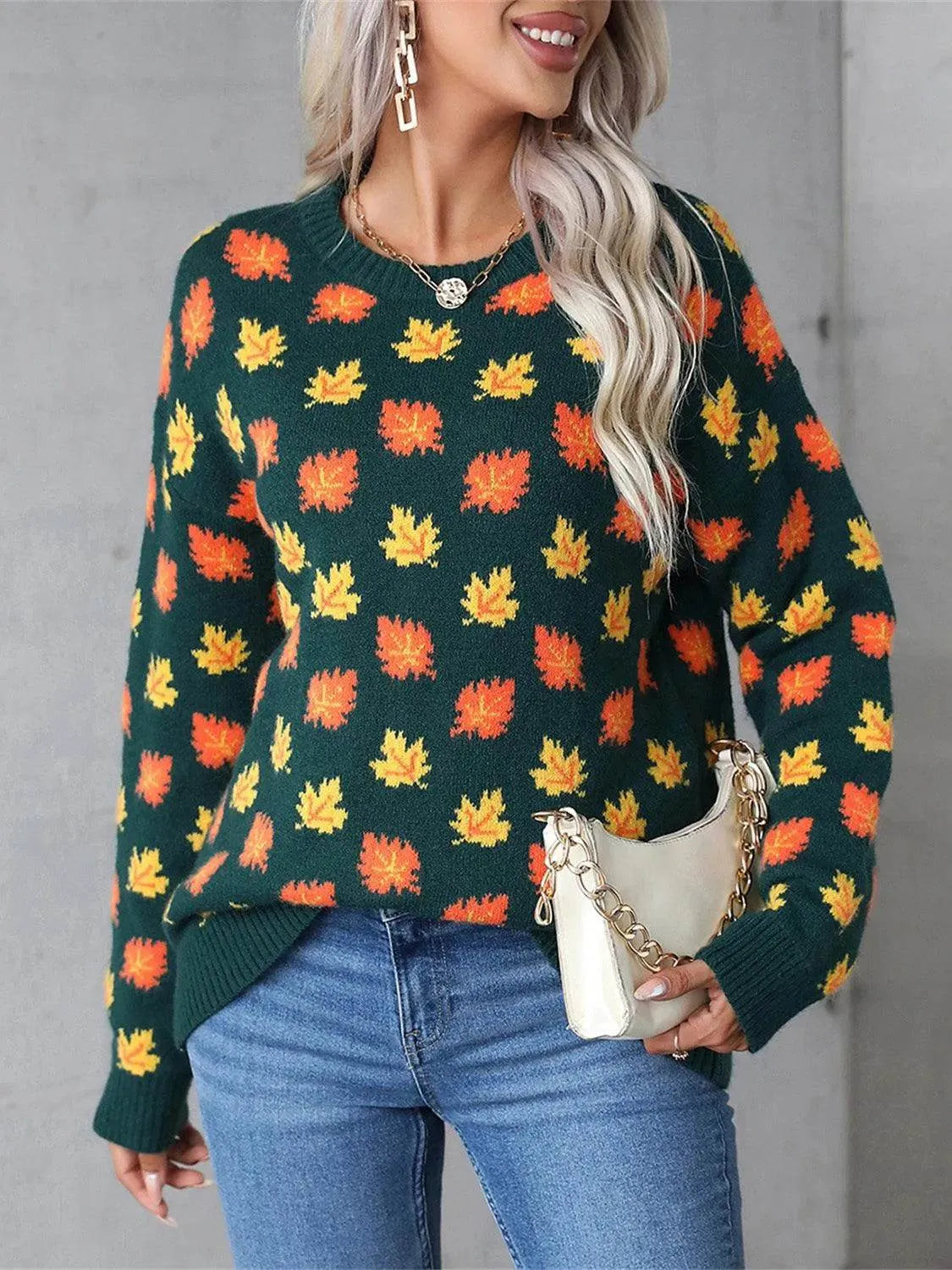 Angel Wings Maple Leaf Sweater – Cozy Round Neck Long Sleeve Fall Knit - Bona Fide Fashion