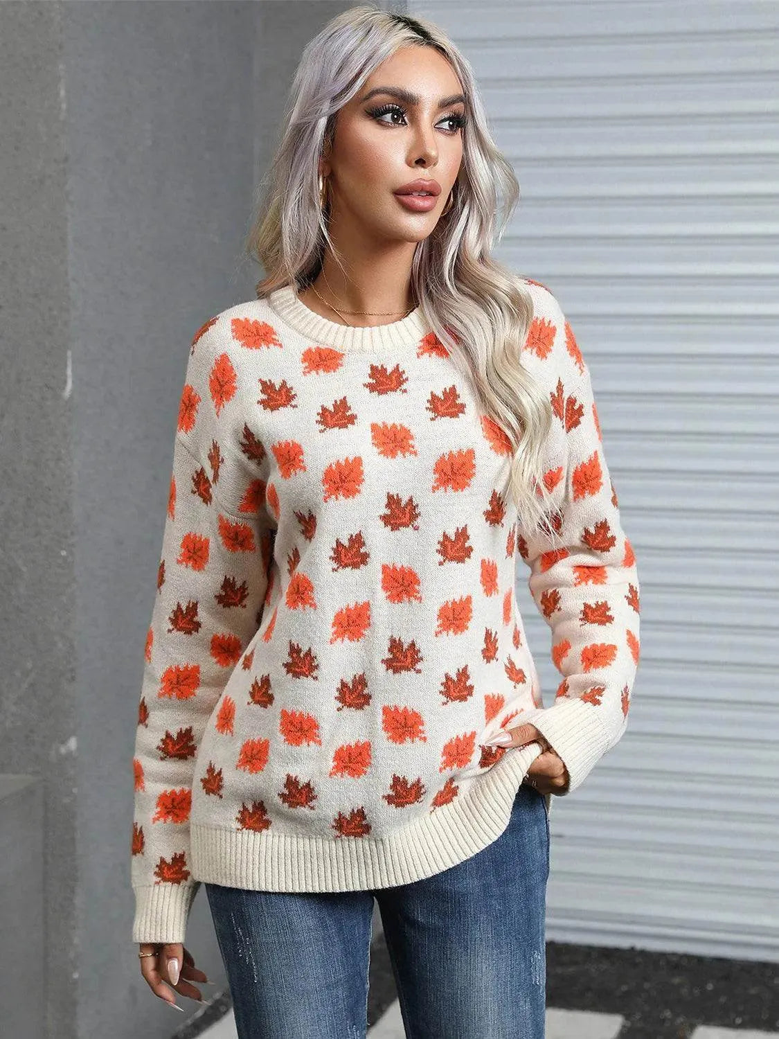 Angel Wings Maple Leaf Sweater – Cozy Round Neck Long Sleeve Fall Knit - Bona Fide Fashion