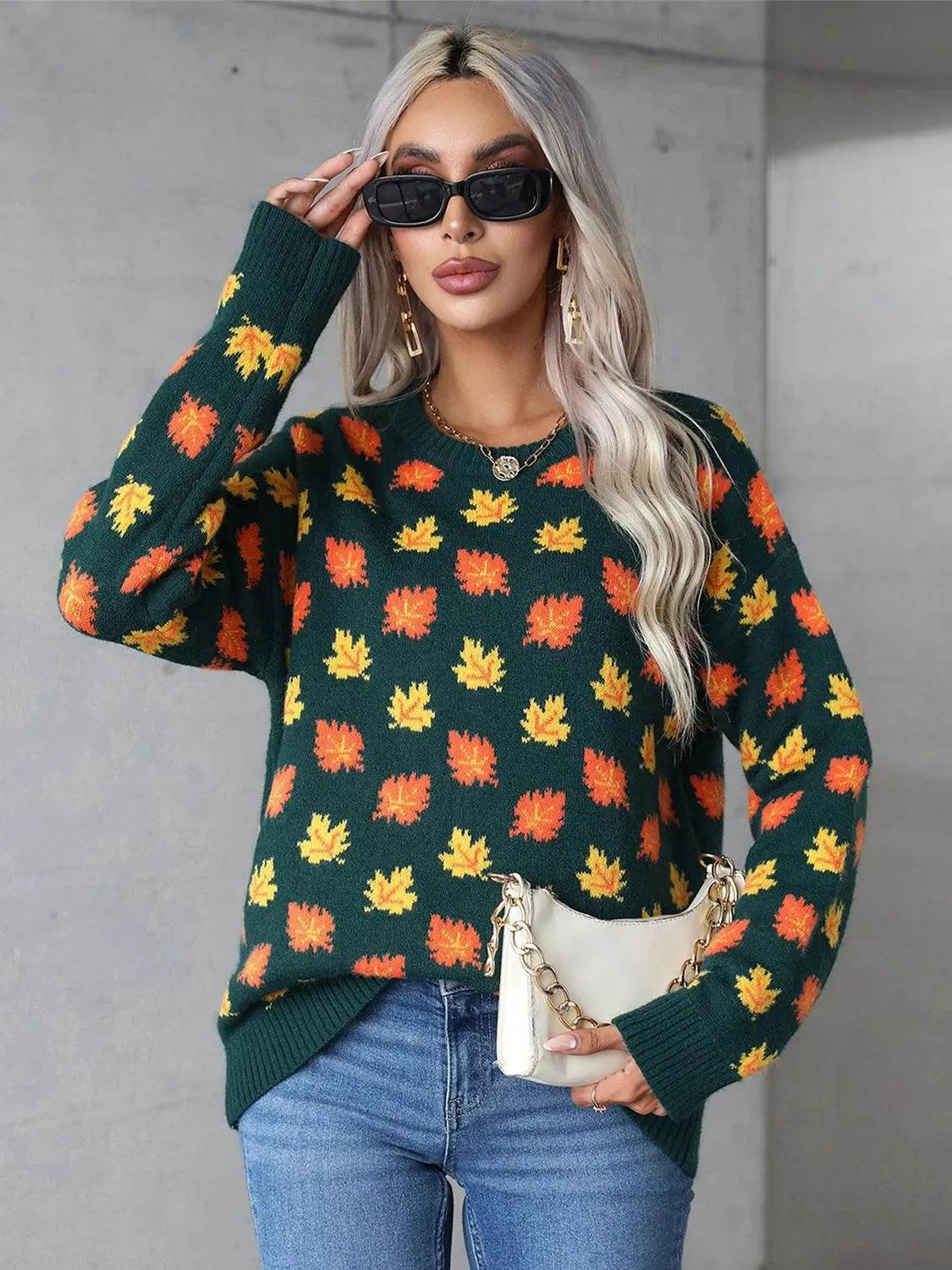 Angel Wings Maple Leaf Sweater – Cozy Round Neck Long Sleeve Fall Knit - Bona Fide Fashion