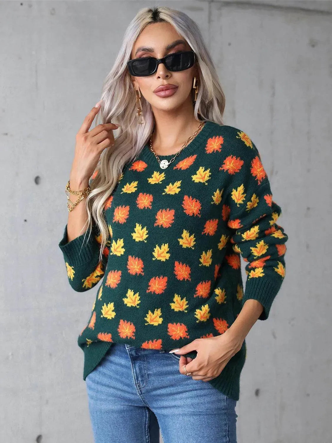 Angel Wings Maple Leaf Sweater – Cozy Round Neck Long Sleeve Fall Knit - Bona Fide Fashion