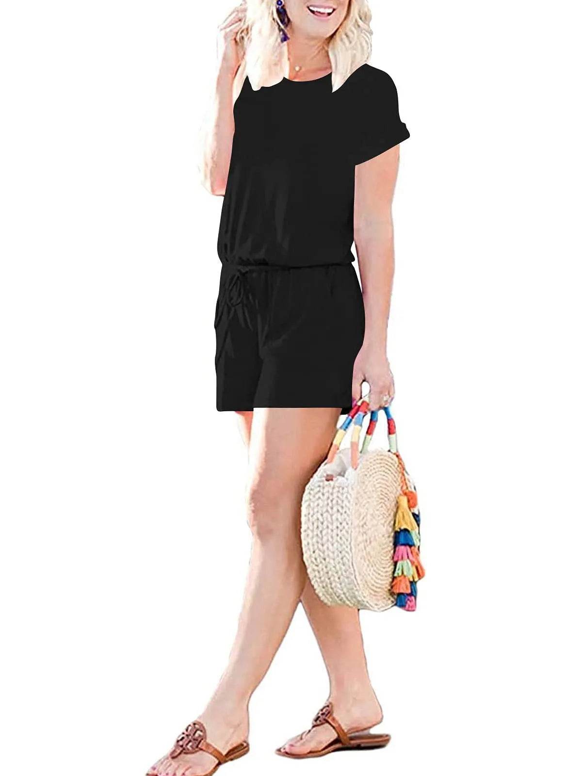 ANRABESS Rompers for Women Summer Crewneck Casual One Piece Jumpsuits Dressy Short Pants Plus Size Wide Leg Elastic Waist Cute Jumpers Black 2024 Fashion Outfits with Pockets A233-hei-XXL - Bona Fide Fashion