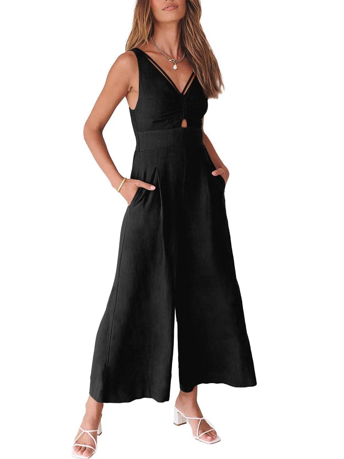 ANRABESS Women's Summer Wide Leg Jumpsuits Casual V Neck Smocked Cutout High Waist 2024 Spring Vacation Jumper Rompers Dressy A898-heise-L - Bona Fide Fashion