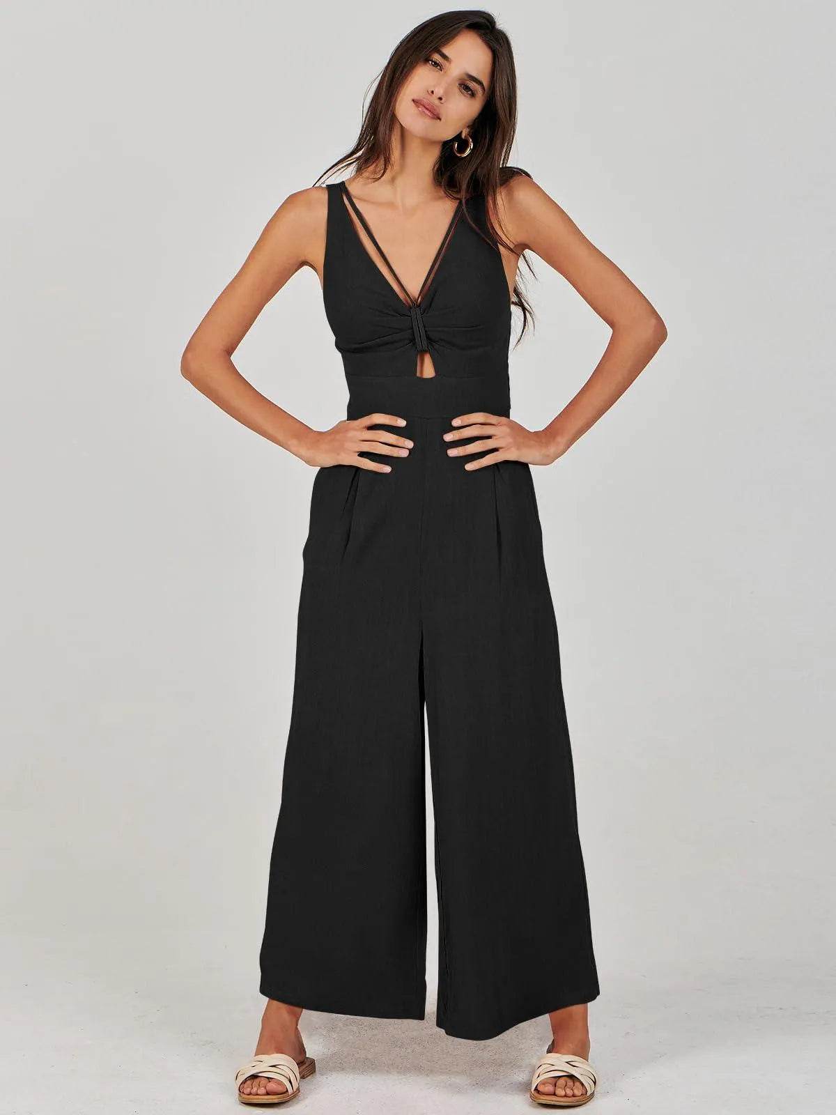 ANRABESS Women's Summer Wide Leg Jumpsuits Casual V Neck Smocked Cutout High Waist 2024 Spring Vacation Jumper Rompers Dressy A898-heise-L - Bona Fide Fashion