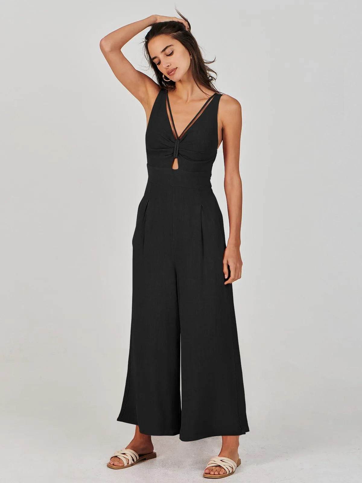 ANRABESS Women's Summer Wide Leg Jumpsuits Casual V Neck Smocked Cutout High Waist 2024 Spring Vacation Jumper Rompers Dressy A898-heise-L - Bona Fide Fashion
