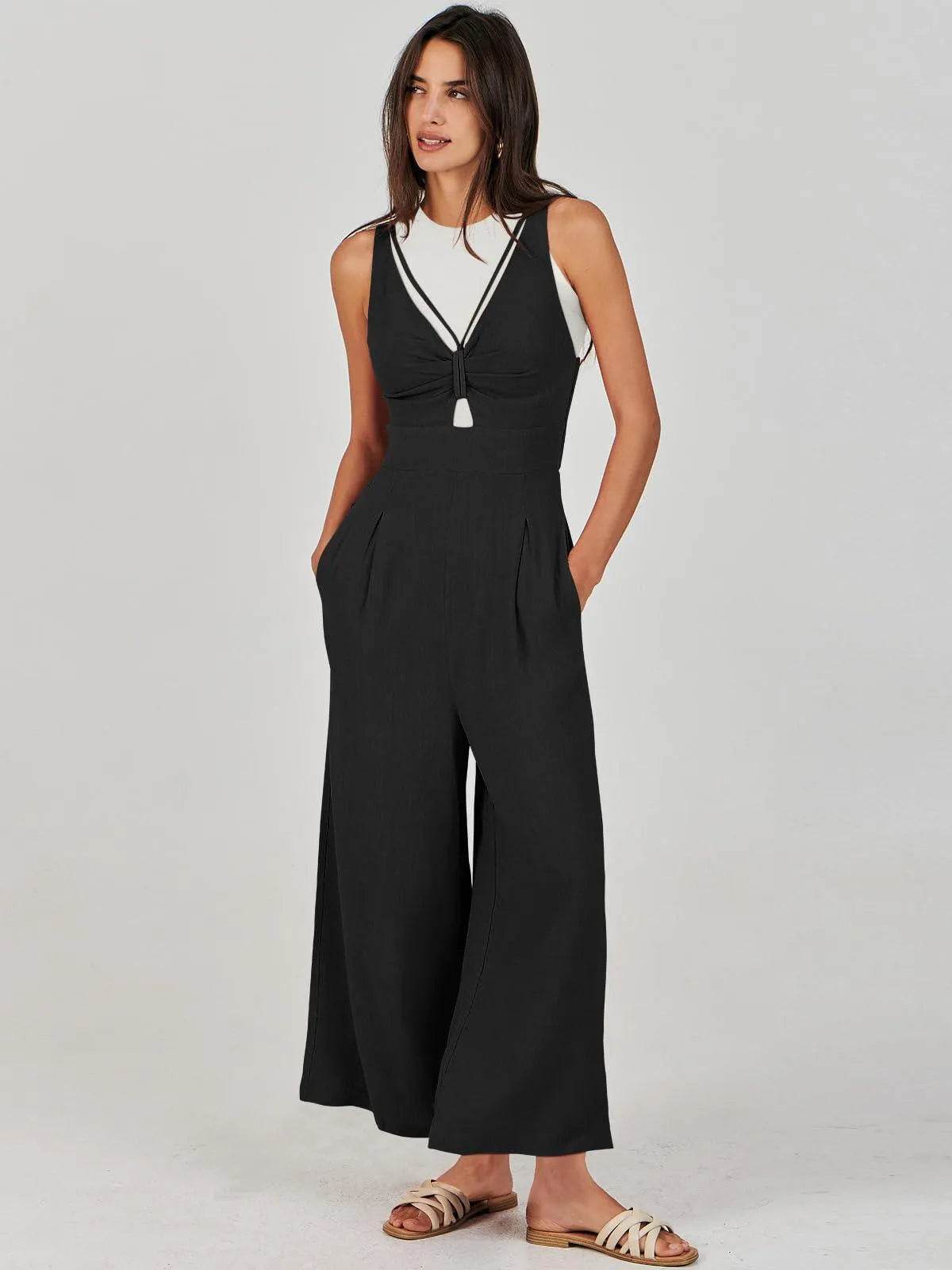 ANRABESS Women's Summer Wide Leg Jumpsuits Casual V Neck Smocked Cutout High Waist 2024 Spring Vacation Jumper Rompers Dressy A898-heise-L - Bona Fide Fashion