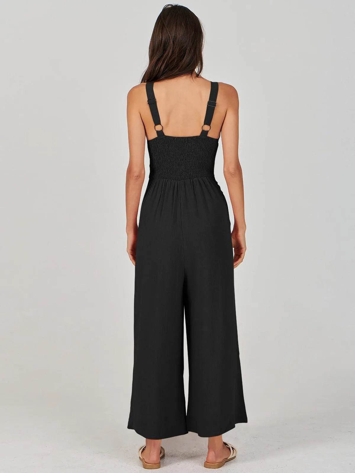 ANRABESS Women's Summer Wide Leg Jumpsuits Casual V Neck Smocked Cutout High Waist 2024 Spring Vacation Jumper Rompers Dressy A898-heise-L - Bona Fide Fashion