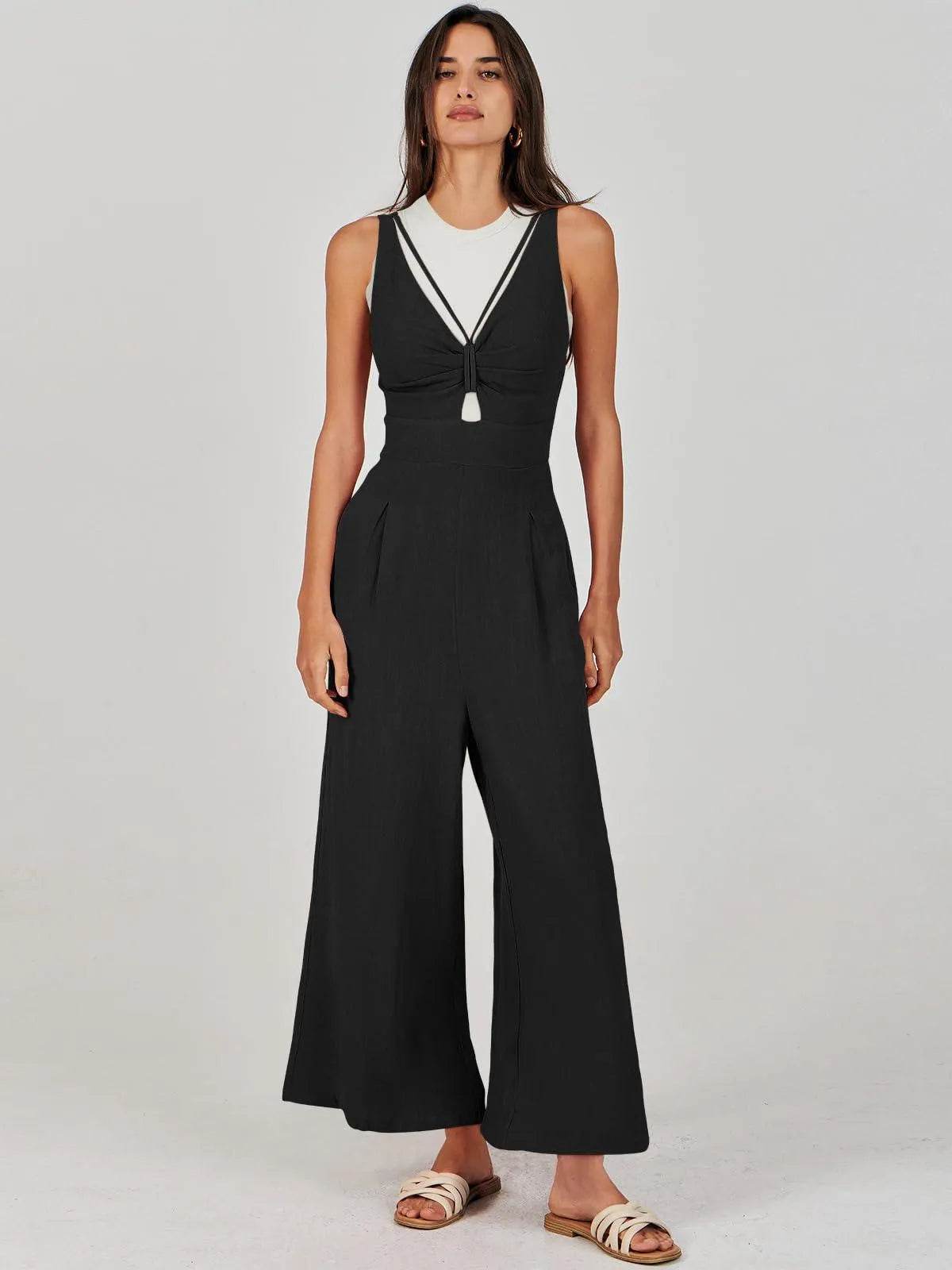 ANRABESS Women's Summer Wide Leg Jumpsuits Casual V Neck Smocked Cutout High Waist 2024 Spring Vacation Jumper Rompers Dressy A898-heise-L - Bona Fide Fashion