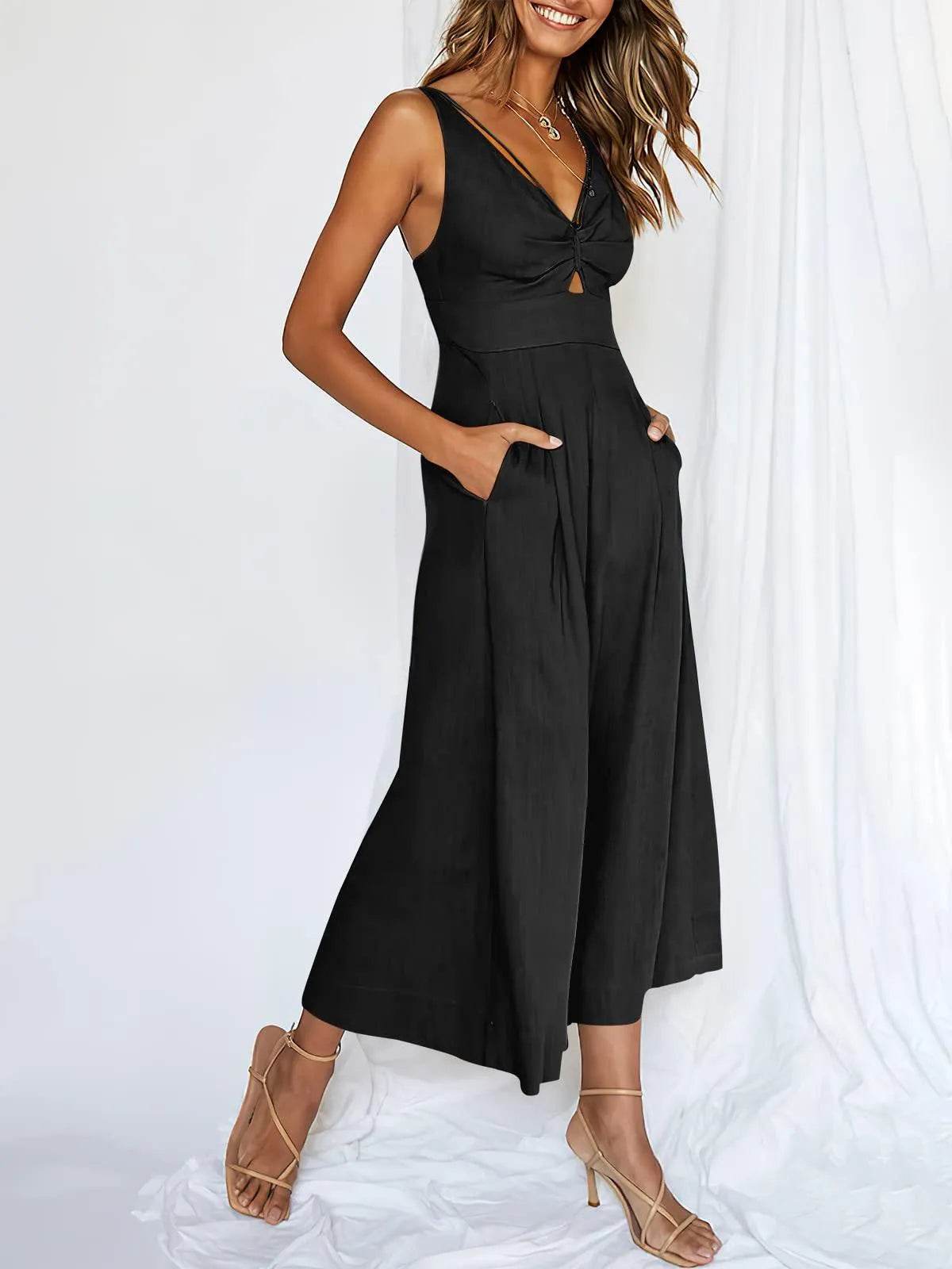 ANRABESS Women's Summer Wide Leg Jumpsuits Casual V Neck Smocked Cutout High Waist 2024 Spring Vacation Jumper Rompers Dressy A898-heise-L - Bona Fide Fashion