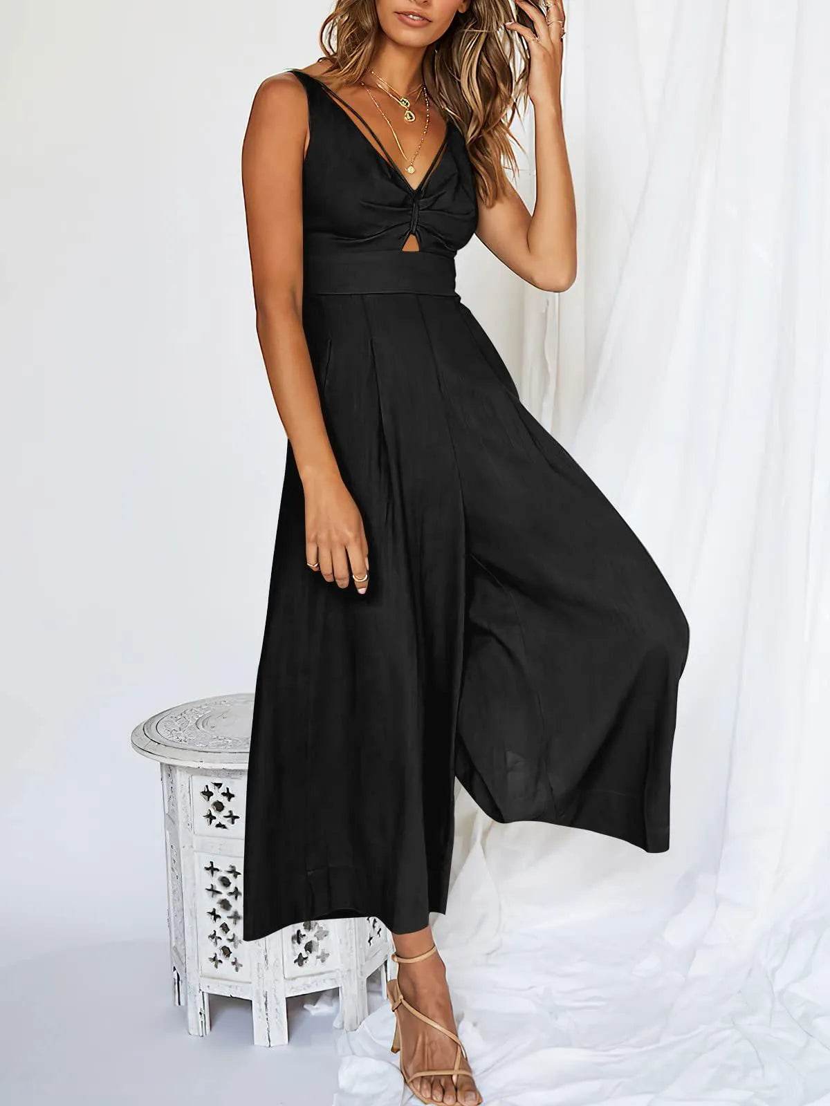 ANRABESS Women's Summer Wide Leg Jumpsuits Casual V Neck Smocked Cutout High Waist 2024 Spring Vacation Jumper Rompers Dressy A898-heise-L - Bona Fide Fashion