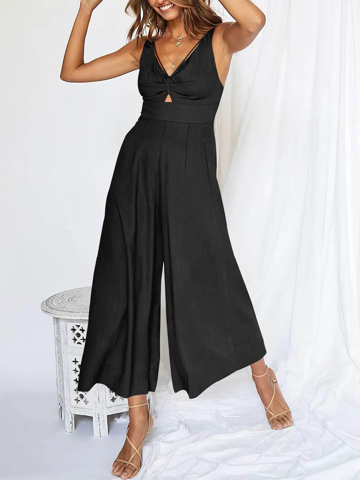 ANRABESS Women's Summer Wide Leg Jumpsuits Casual V Neck Smocked Cutout High Waist 2024 Spring Vacation Jumper Rompers Dressy A898-heise-L - Bona Fide Fashion