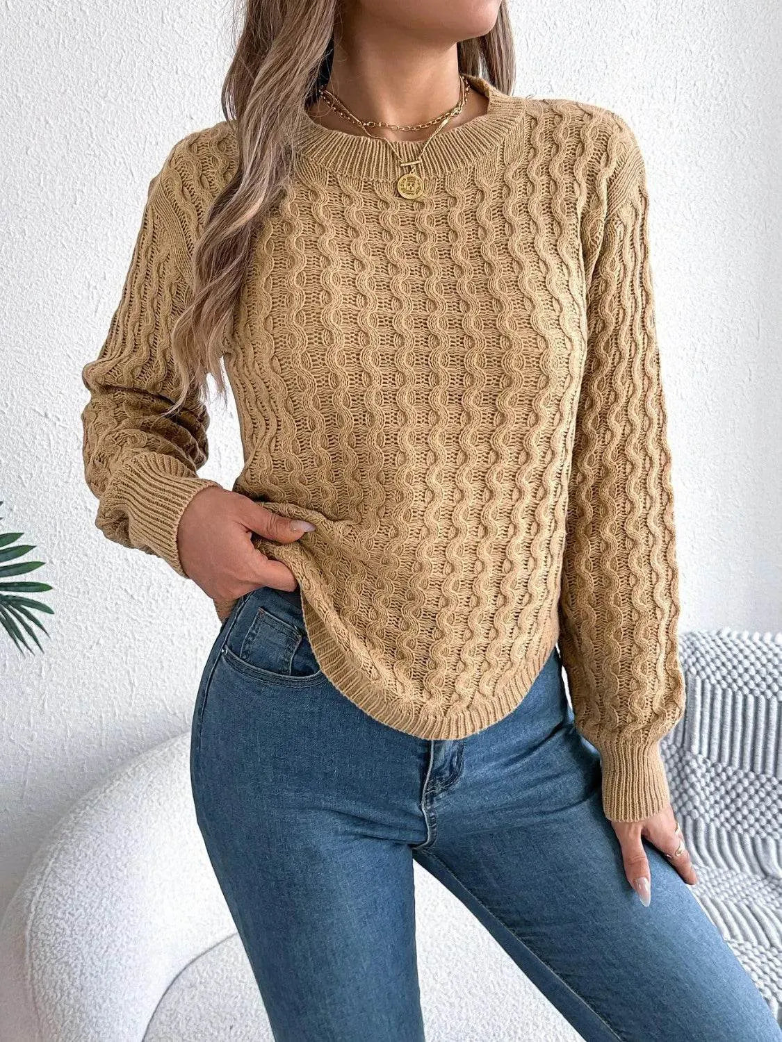 Asymmetric Hem Long Sleeve Sweater – Trendy Round Neck Knit for Fall & Winter - Bona Fide Fashion