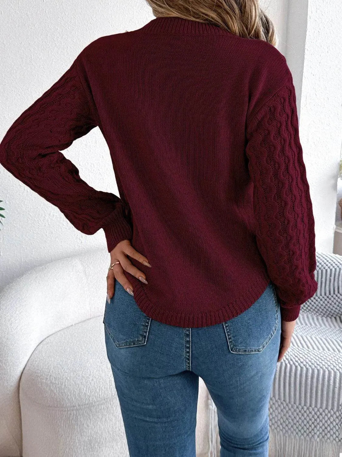 Asymmetric Hem Long Sleeve Sweater – Trendy Round Neck Knit for Fall & Winter - Bona Fide Fashion
