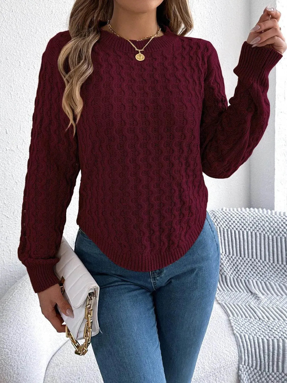 Asymmetric Hem Long Sleeve Sweater – Trendy Round Neck Knit for Fall & Winter - Bona Fide Fashion