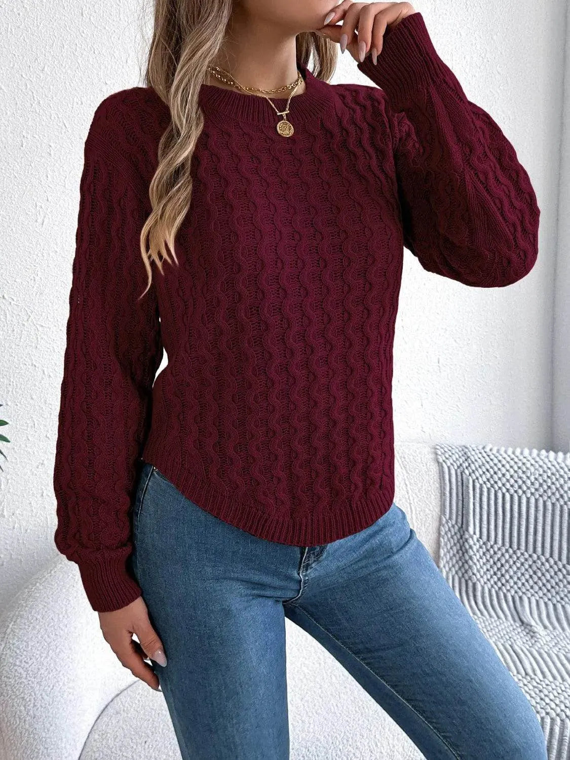 Asymmetric Hem Long Sleeve Sweater – Trendy Round Neck Knit for Fall & Winter - Bona Fide Fashion