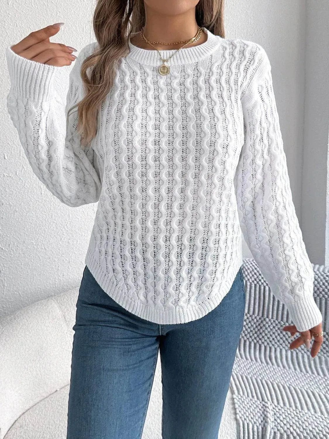 Asymmetric Hem Long Sleeve Sweater – Trendy Round Neck Knit for Fall & Winter - Bona Fide Fashion