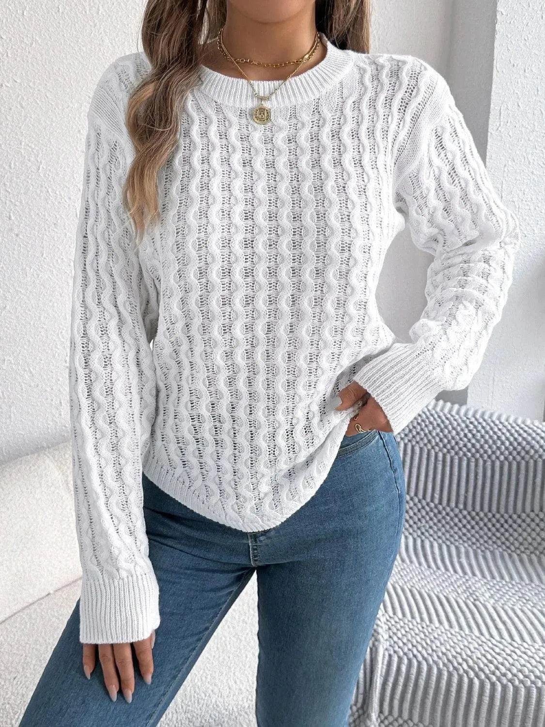 Asymmetric Hem Long Sleeve Sweater – Trendy Round Neck Knit for Fall & Winter - Bona Fide Fashion