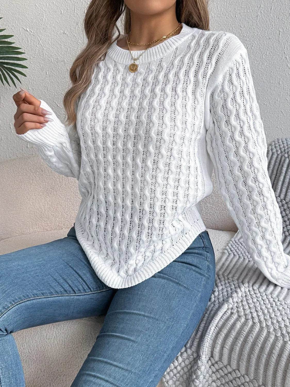 Asymmetric Hem Long Sleeve Sweater – Trendy Round Neck Knit for Fall & Winter - Bona Fide Fashion
