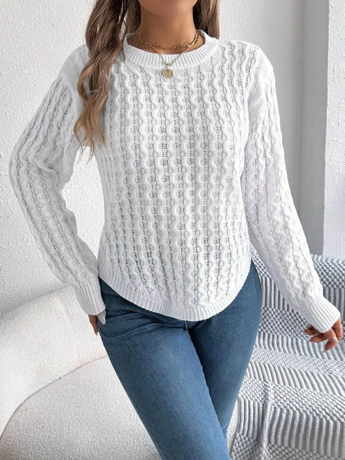 Asymmetric Hem Long Sleeve Sweater – Trendy Round Neck Knit for Fall & Winter - Bona Fide Fashion