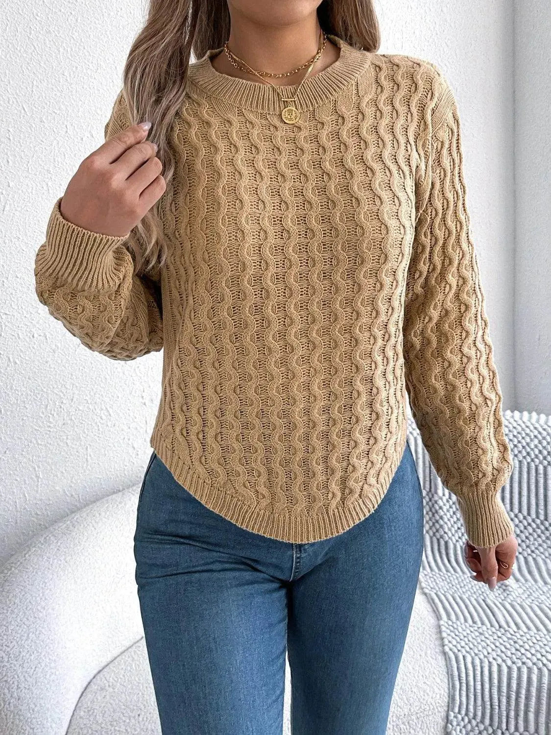 Asymmetric Hem Long Sleeve Sweater – Trendy Round Neck Knit for Fall & Winter - Bona Fide Fashion