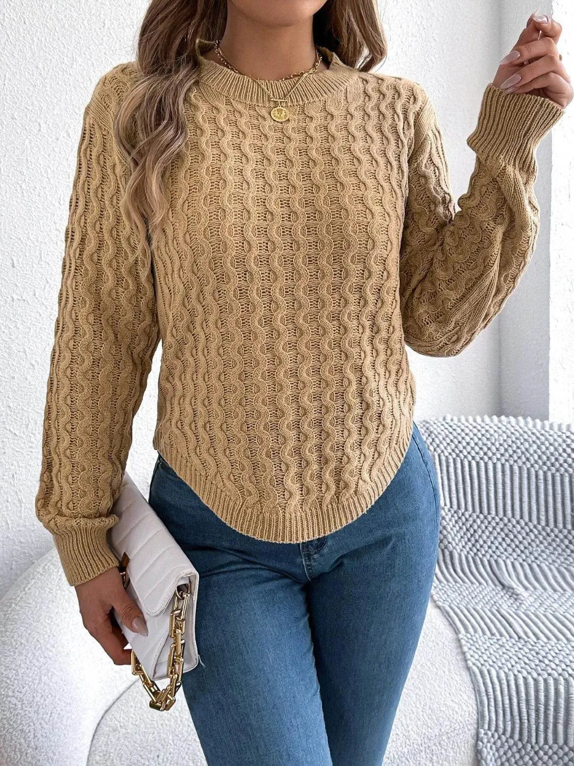 Asymmetric Hem Long Sleeve Sweater – Trendy Round Neck Knit for Fall & Winter - Bona Fide Fashion